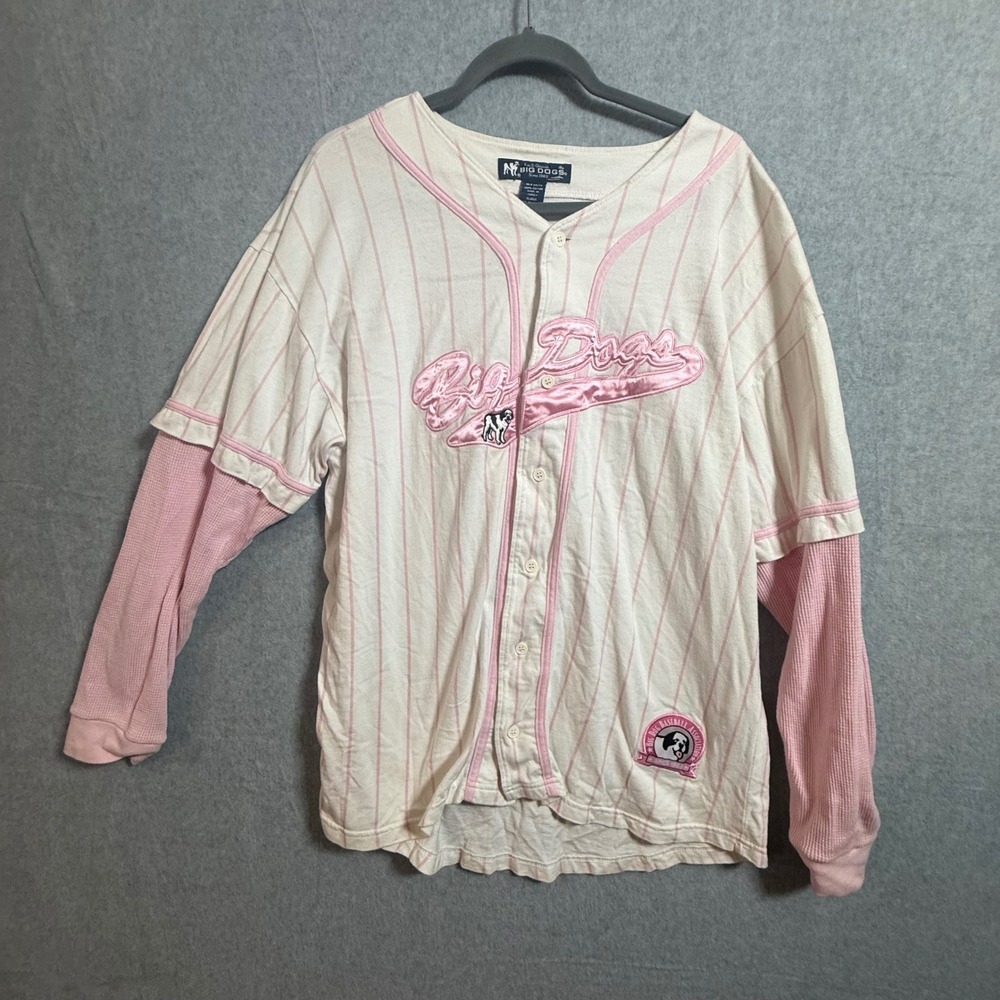 Big Dogs Baseball Jersey Top Pink Pinstripe Thermal Layered Sleeve XL
